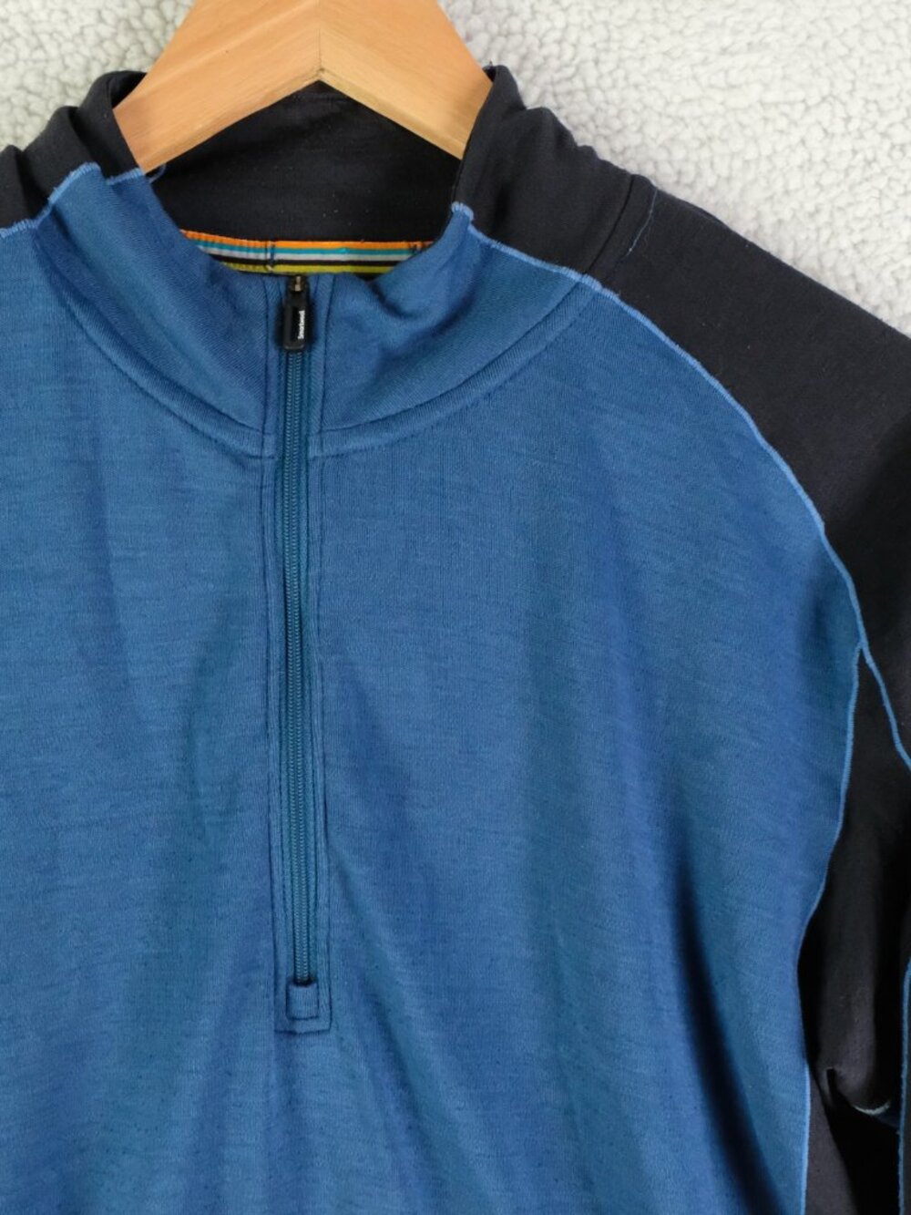 Smartwool Sweater Mens Large Blue Merino Wool Thermal Quarter Zip Outdoor - Picture 2 of 8